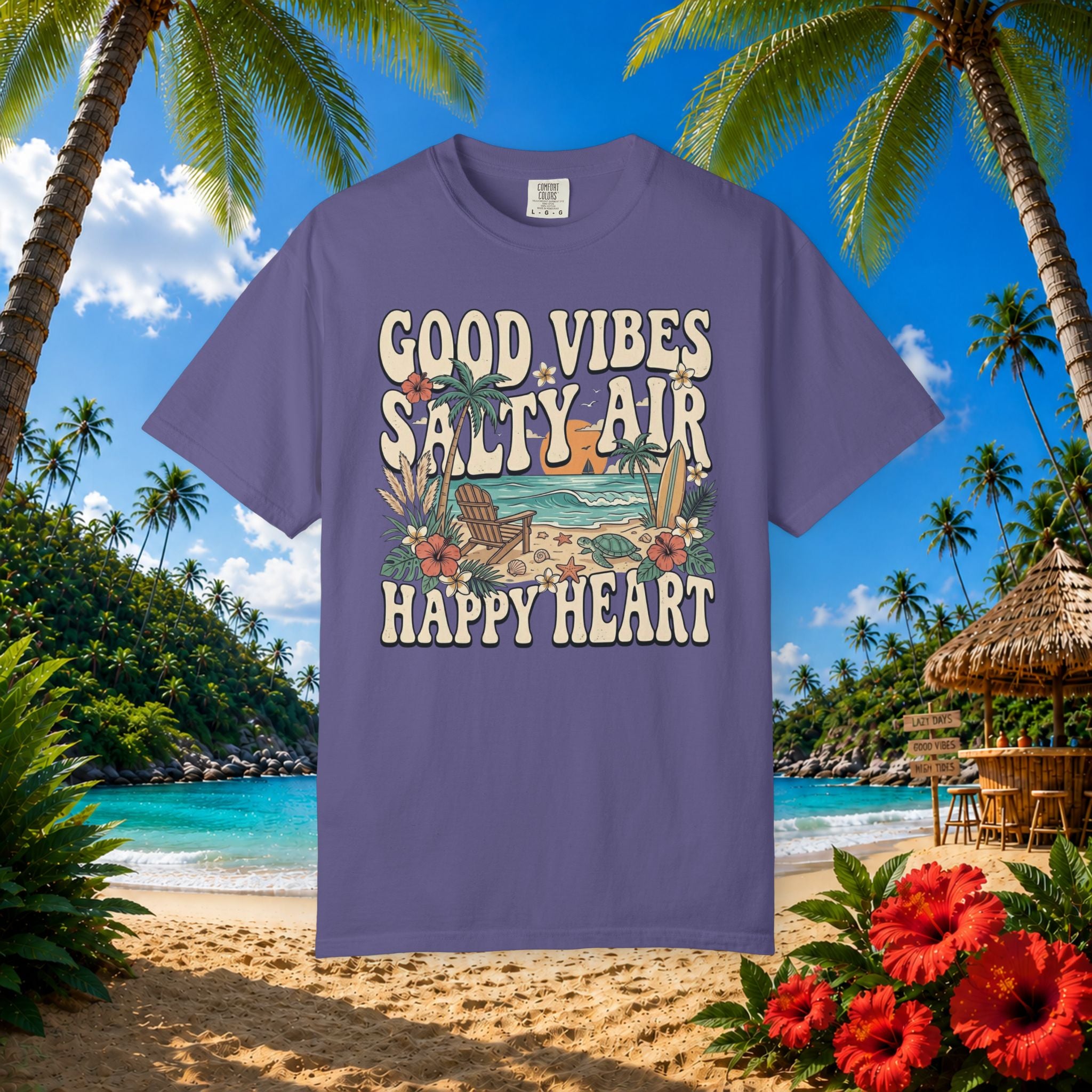 Good Vibes Salty Air Happy Heart - Comfort Colors Tee