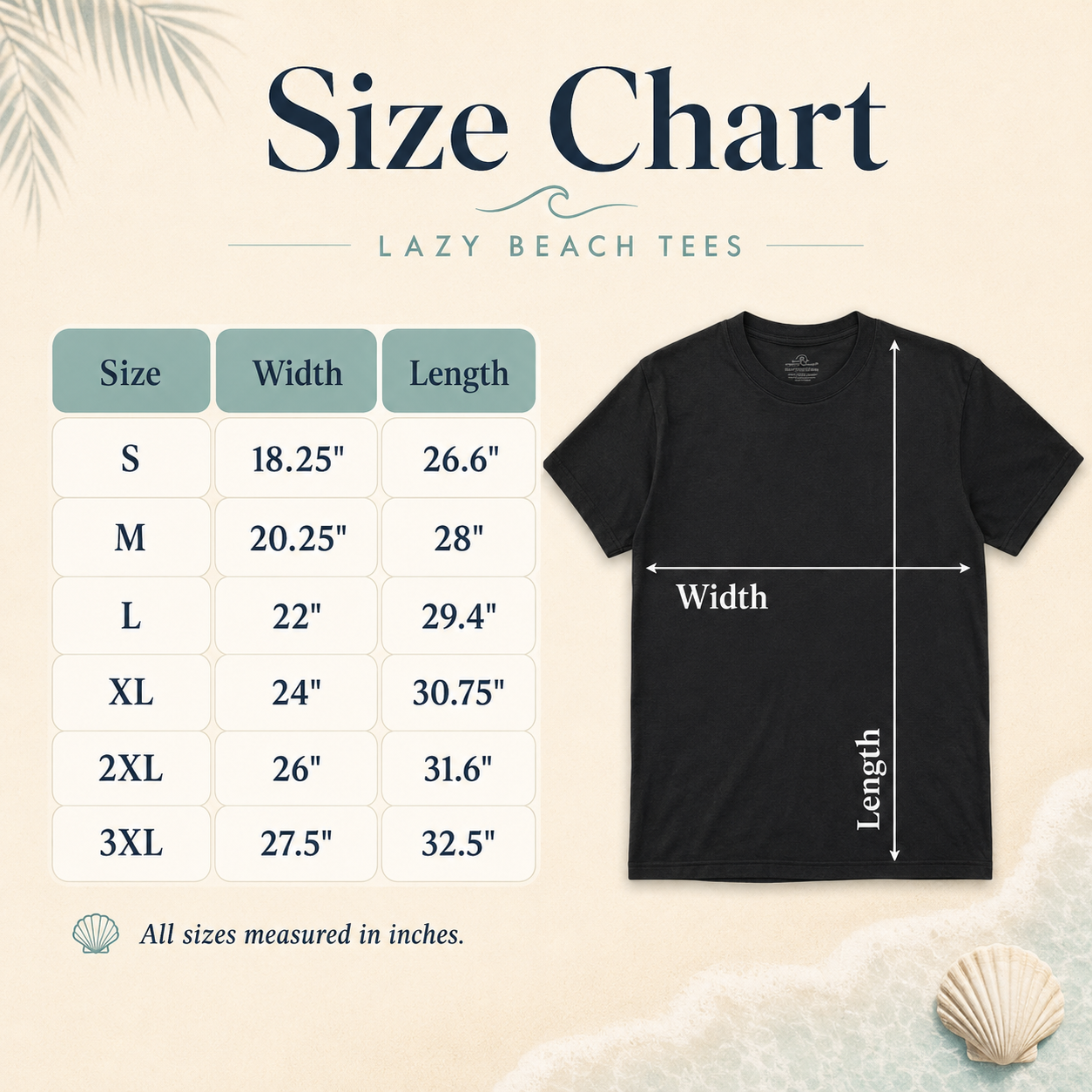 Lazy Beach Tees size chart with width and length measurements